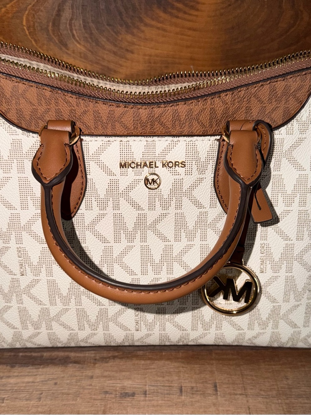 Michael Kors Brown and Cream Signature Satchel with Gold MK Charm